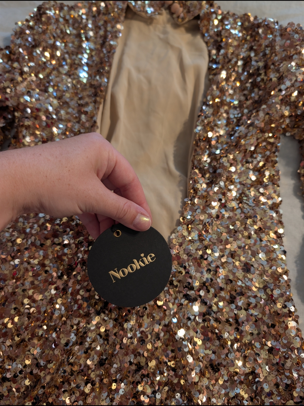NWT Nookie Sequin High Neck Backless Mini Dress - Champagne Rose Gold Size S - Picture 5 of 7